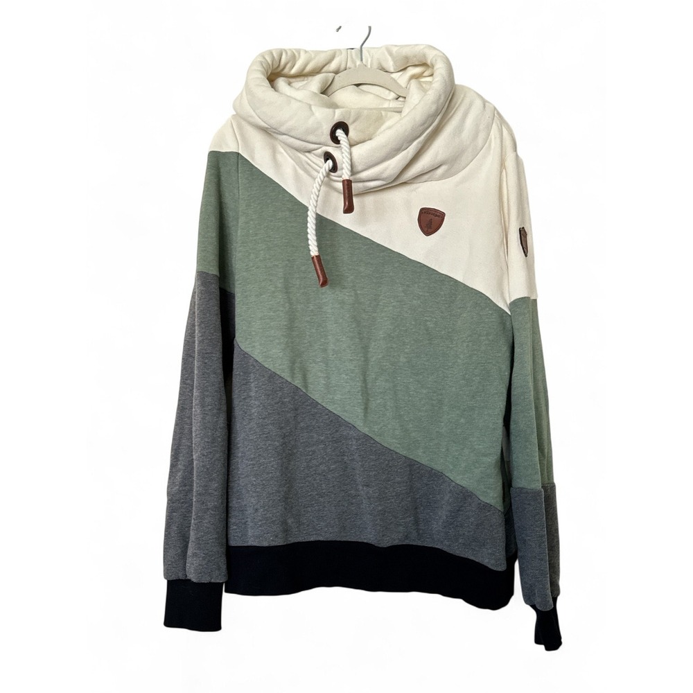Wanakome Colorblock Cowl Neck Hoodie Sage Green Grey Cream Large